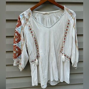 Hummingbird size M flax linen blend embroidered peasant fed all boho western top